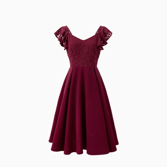 PatPat Dresses & Skirts - Wine Red A-Line Dress Lace Ruffle Sleeve, Women XL.